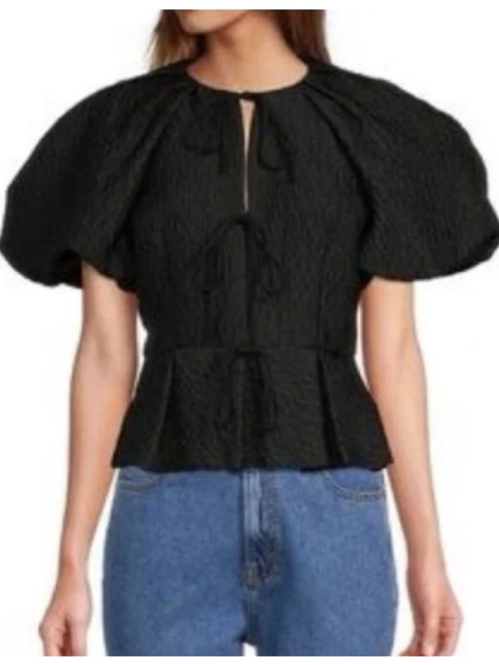 ANTONIO MELANI Courtney Grow Black Bow Puff Sleeve Peplum Top